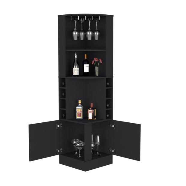 Atanasio Kava Corner Bar Cabinet, 16 Wine Cubbies, Two Door Cabinet,