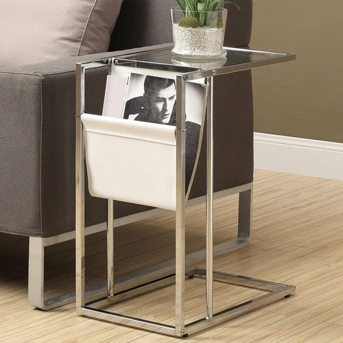 Chrome Tempered Glass Leather Look Accent Table