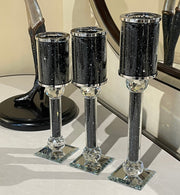 Ambrose 3 Candles Holder Set, Black Crushed Diamonds Glass